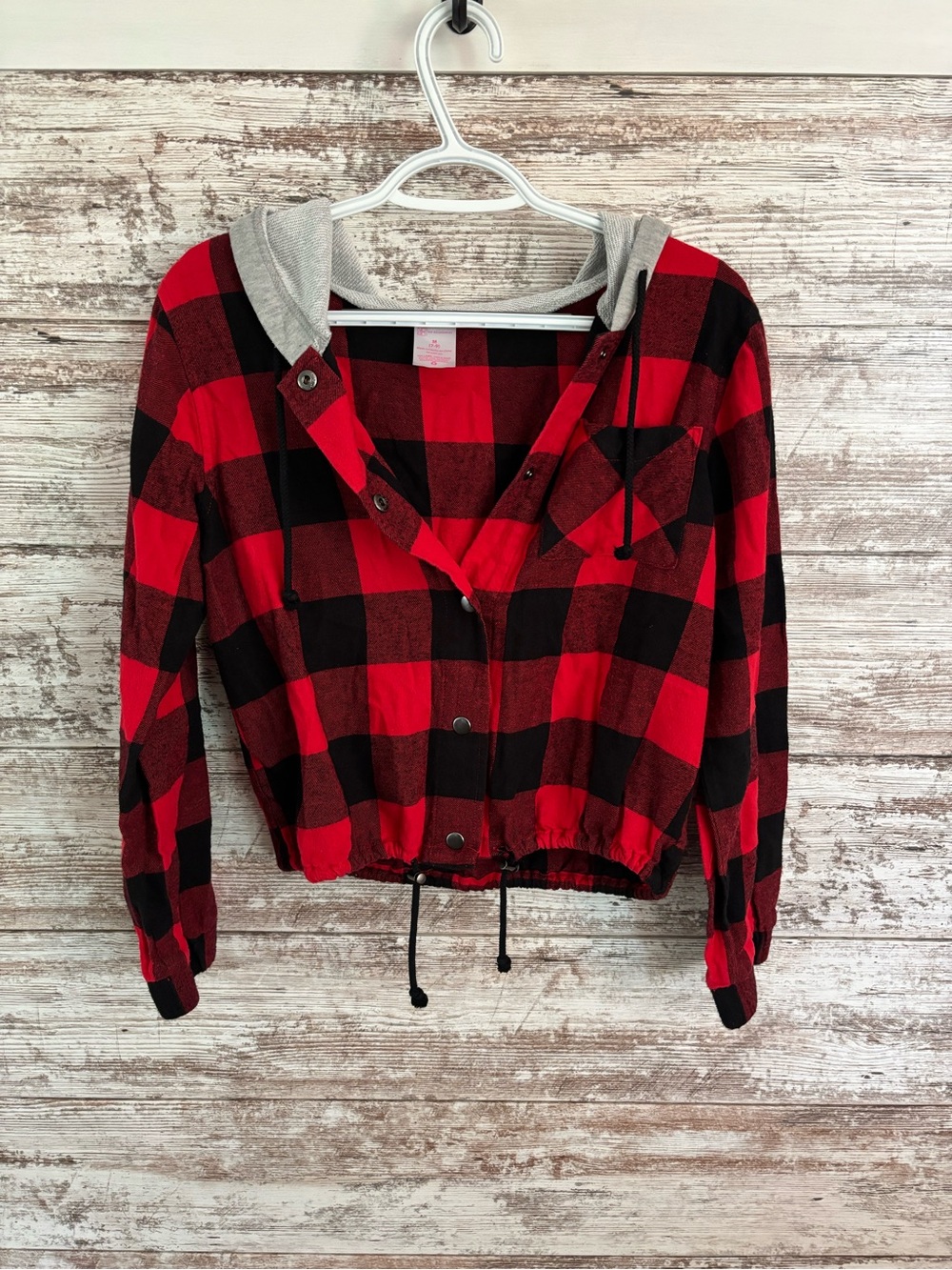 No Boundaries Red and Black Plaid Button-Down Hooded Crop Shirt